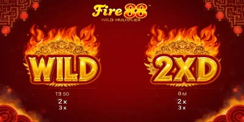 파이어 88 멀티플라이어 와일드 심볼 특징, 2배와 3배 배수가 표시된 황금색 WILD 문양에 불꽃 효과